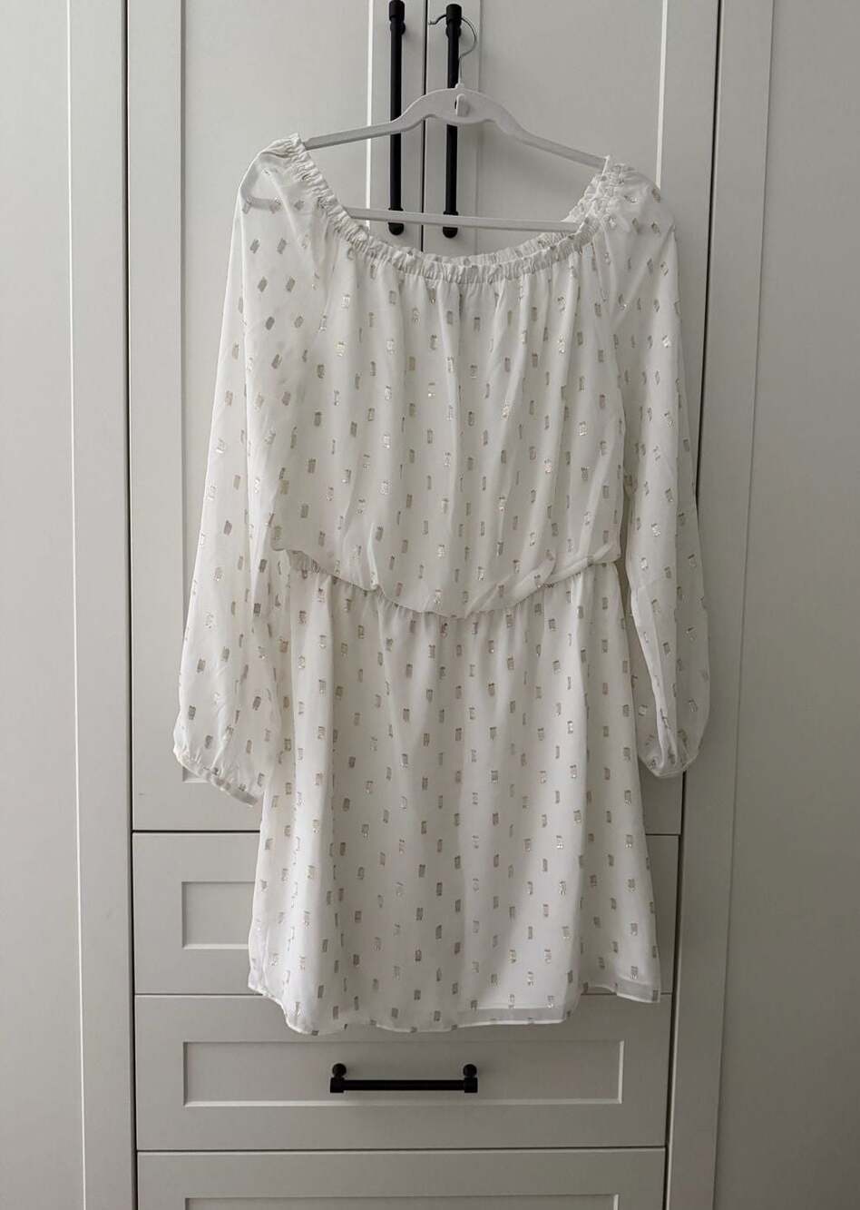 White House Black Market White and Gold Metallic Dot Off-the-Shoulder Dress